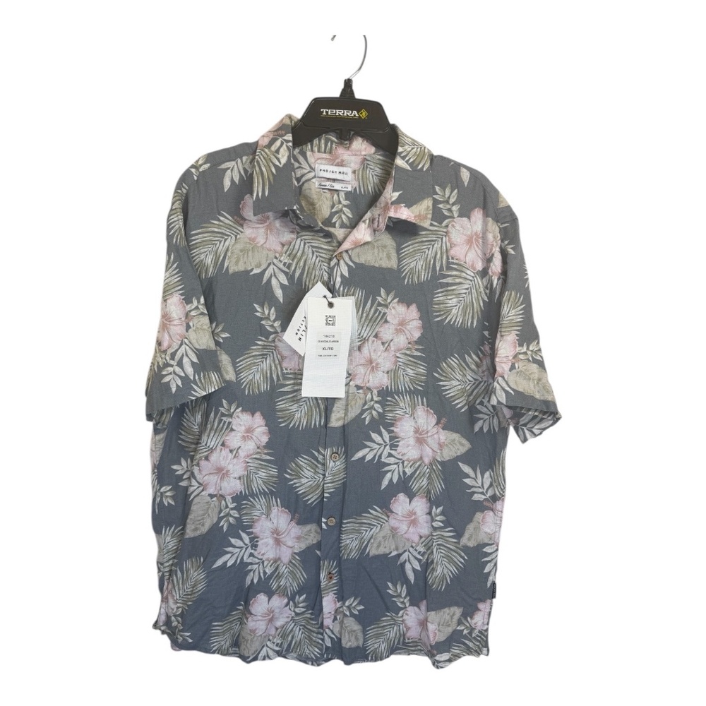 Projek Raw Hawaiian Shirt Mens Size XL Charcoal Floral Short Sleeve Linen Blend